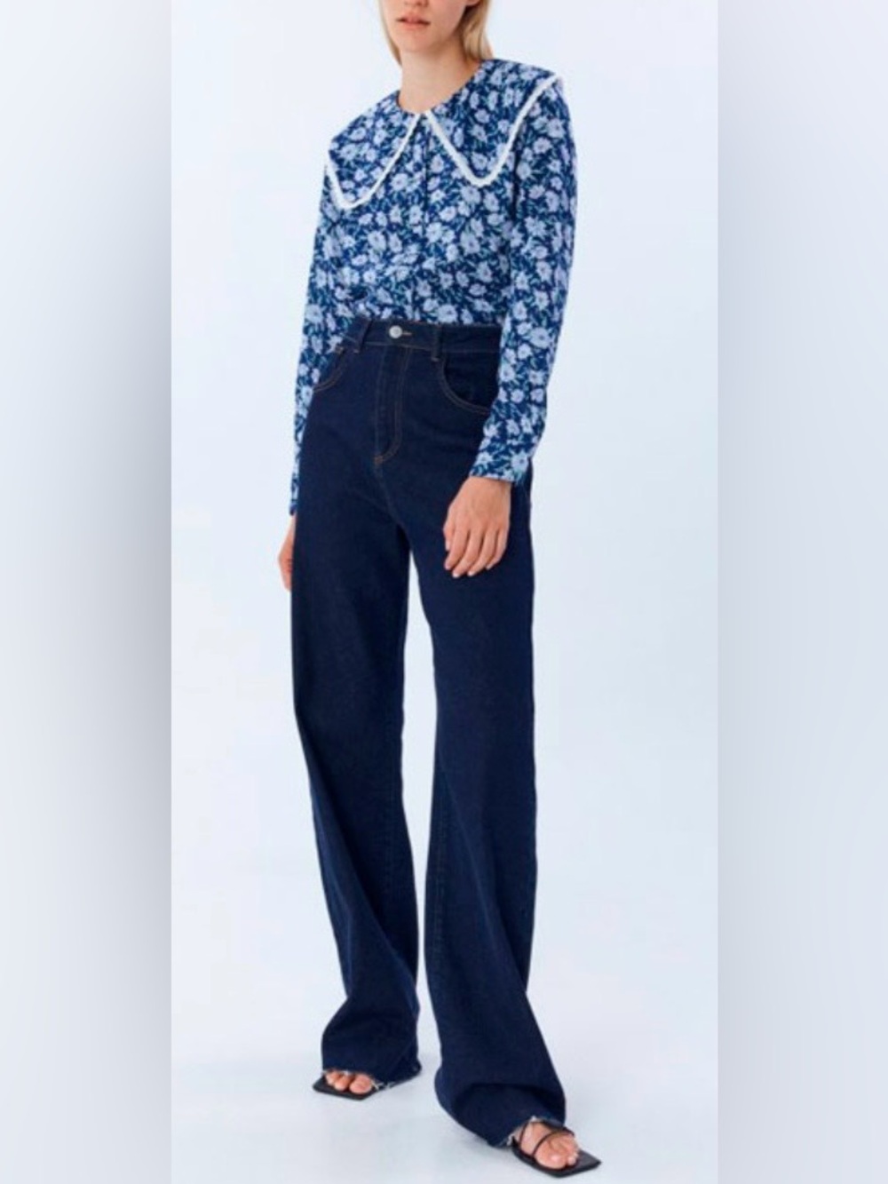 SFERA Floral Bib Collar Shirt Crochet Trim Cotton Blouse Blue Purple Women’s M